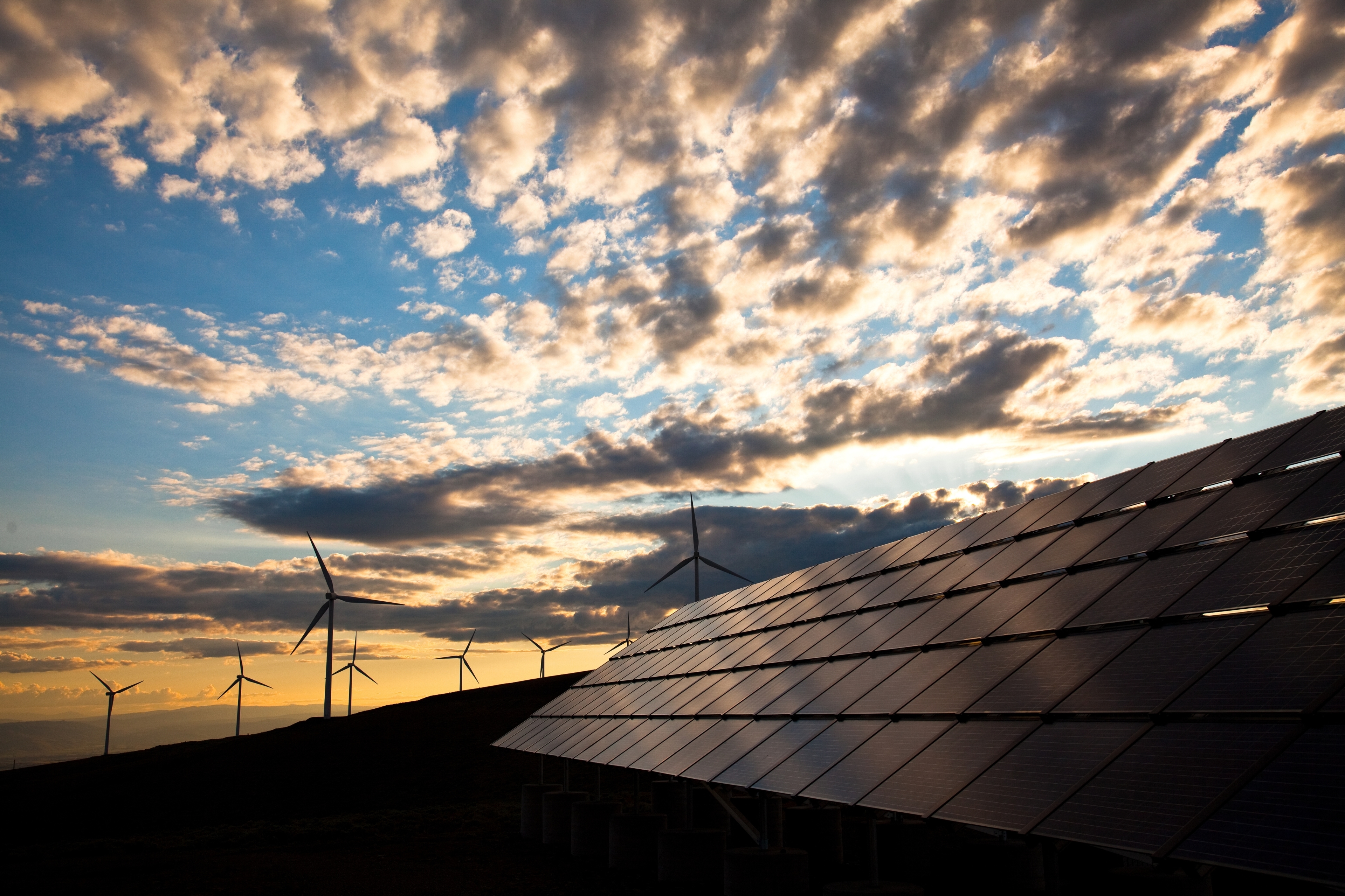 Photo of a solar panel installation with wind turbines in the background