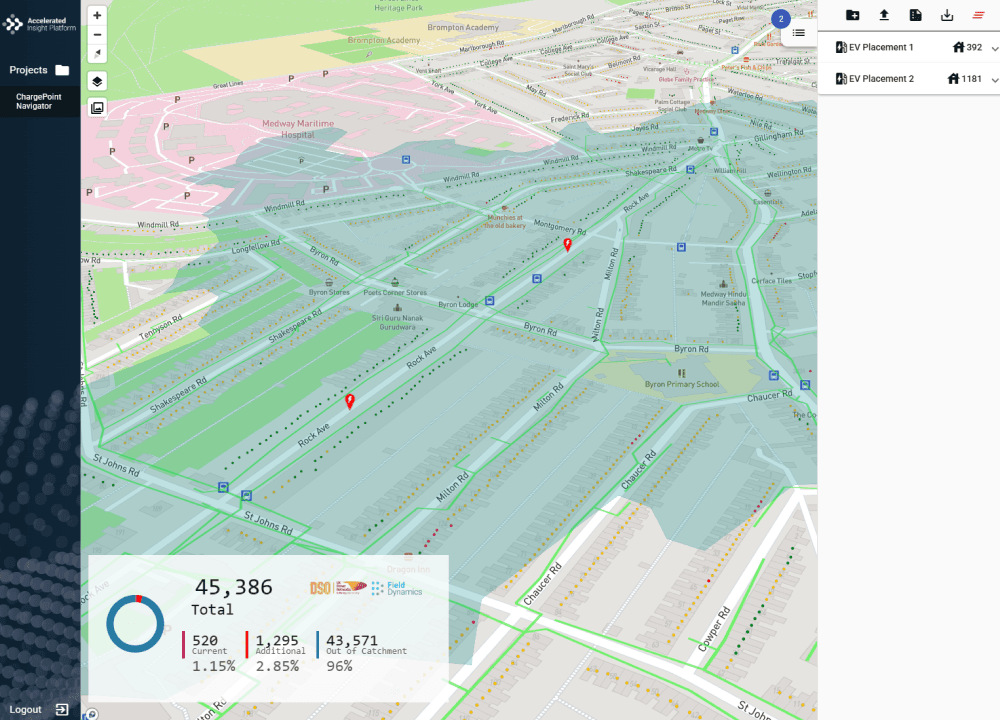 ChargePoint Navigator screenshot showing walking distance from EV charger placements