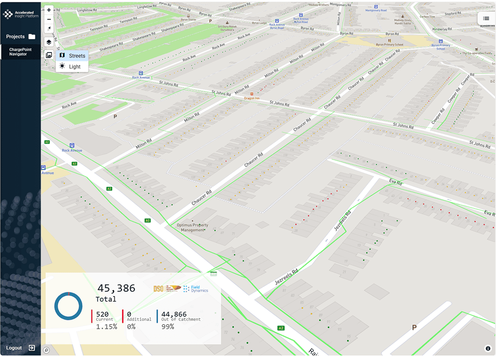 ChargePoint Navigator screenshot showing a map of LV cables