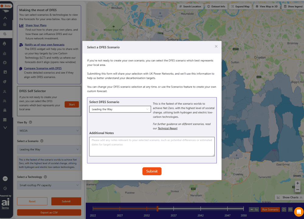 LAEP+ planning tool screenshot showing the DFES scenario self selector functionality
