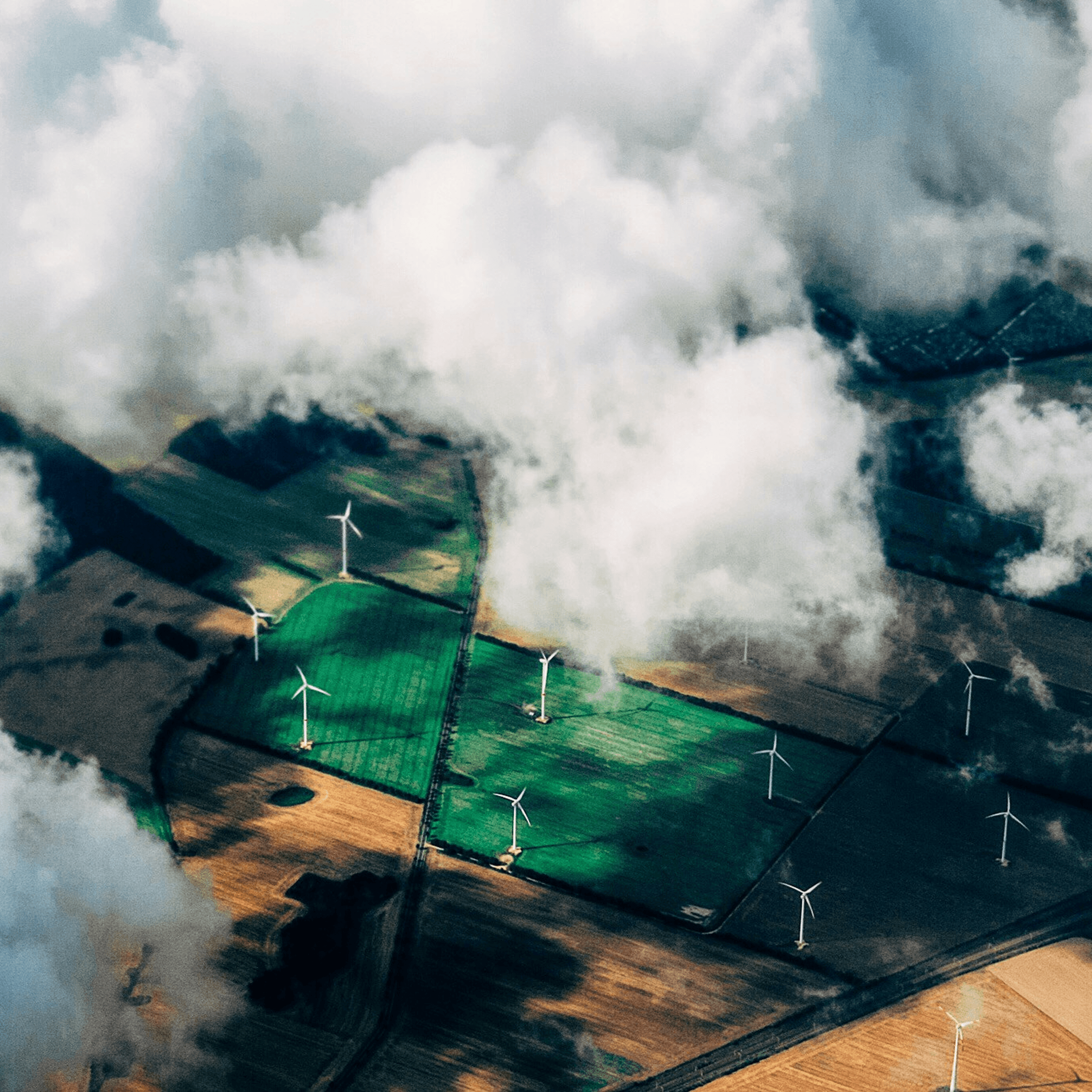 Photo of fields with wind farm installations