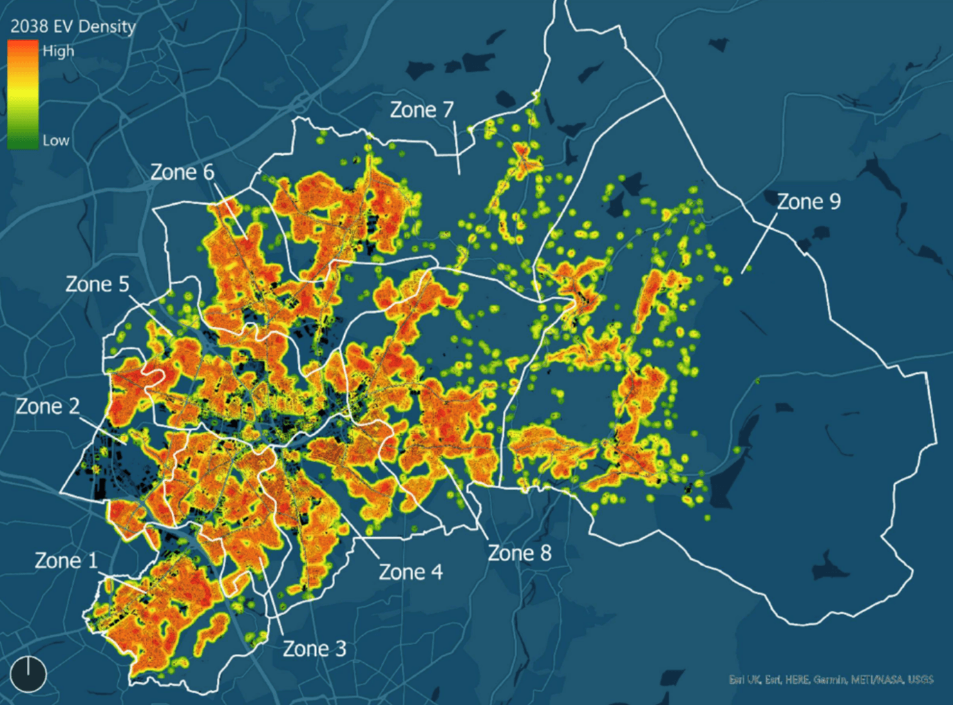 Map of Oldham showing potential EV density by 2038