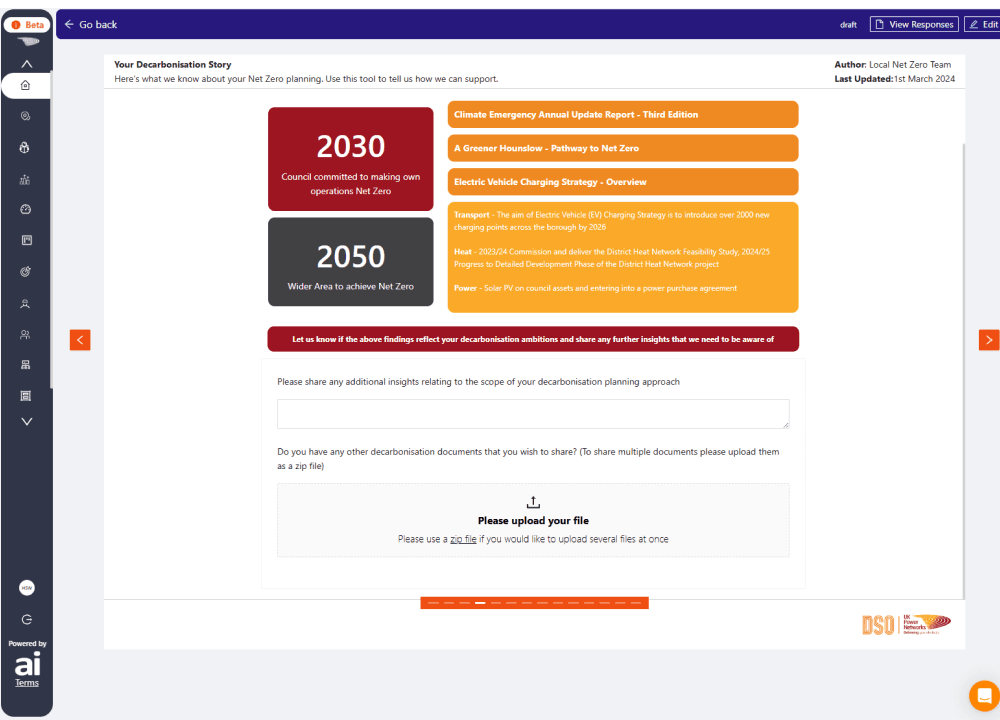 LAEP planning tool screenshot showing net zero targets as part of data story functionality