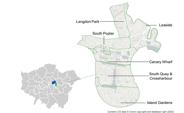 Map showing areas of Tower Hamlets