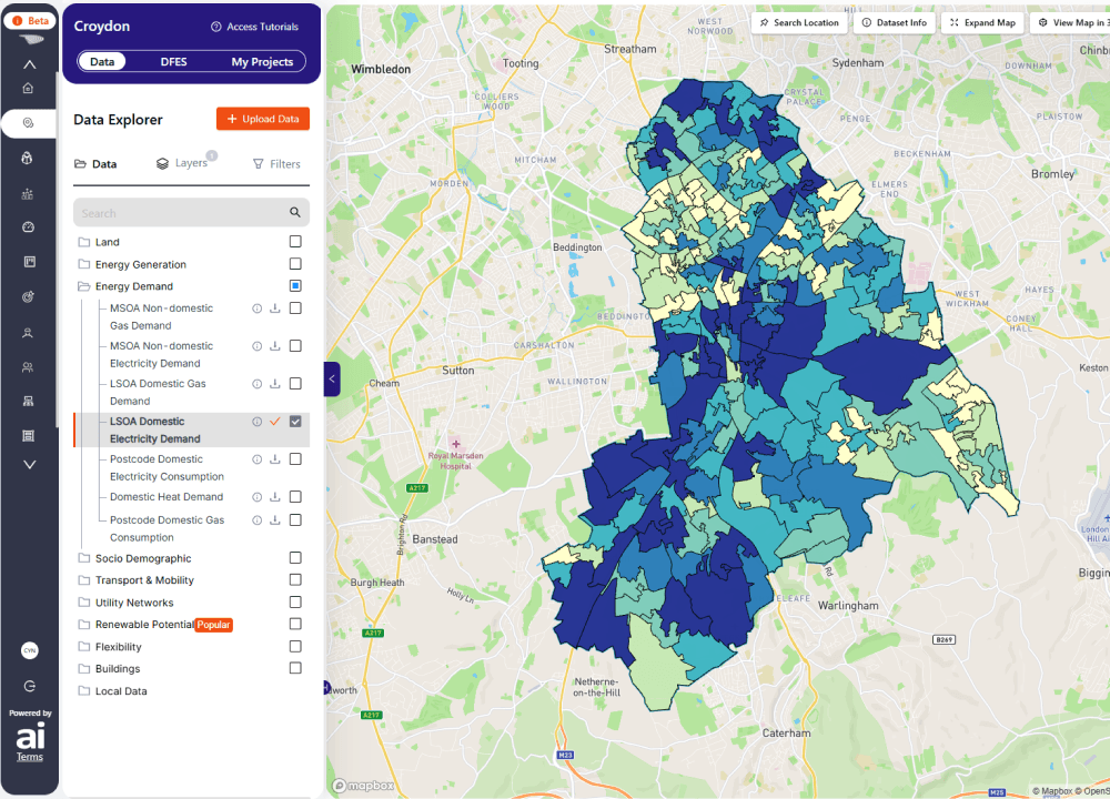 LAEP+ planning tool screenshot showing LSOA domestic energy demand over a map of Croydon
