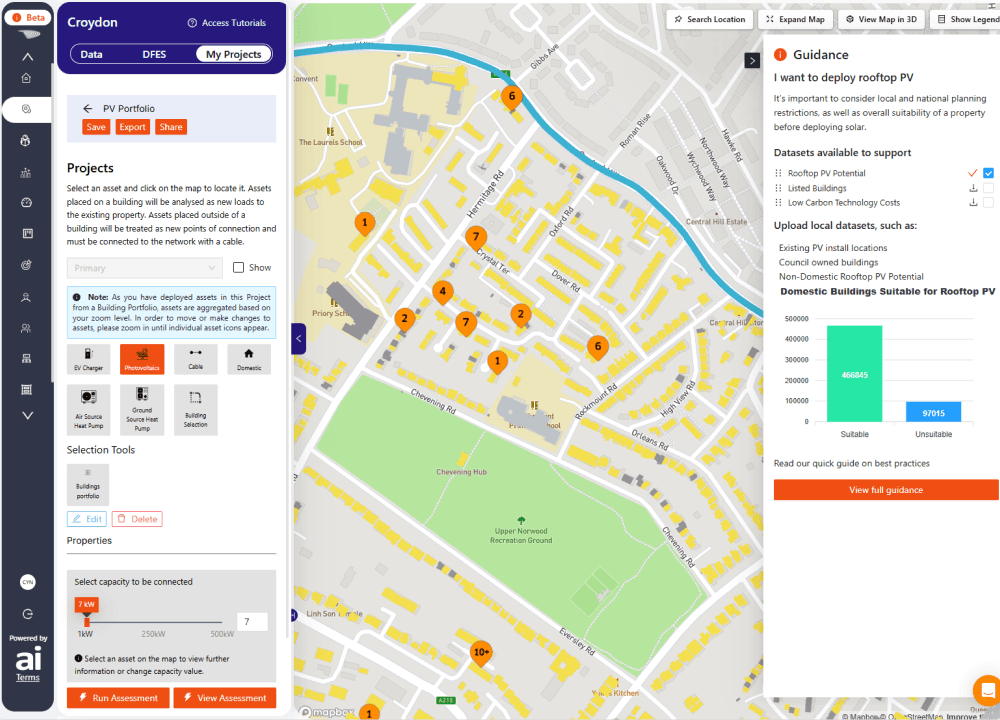 LAEP+ Planning Tool screenshot showing a potential photovoltaic panel deployment in London