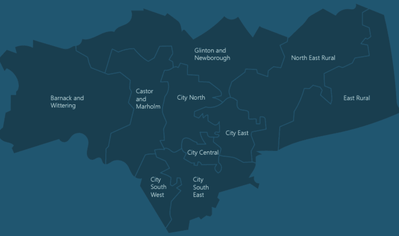 Map of Peterborough showing different areas