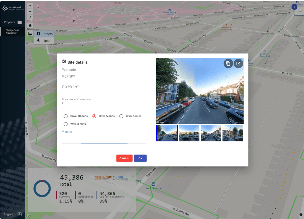 ChargePoint Navigator screenshot showing EV charger site selection
