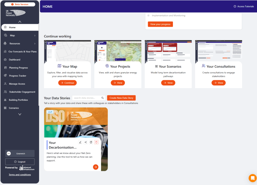 Screenshot of the LAEP+ planning tool homepage including a link to Your Decarbonisation Story