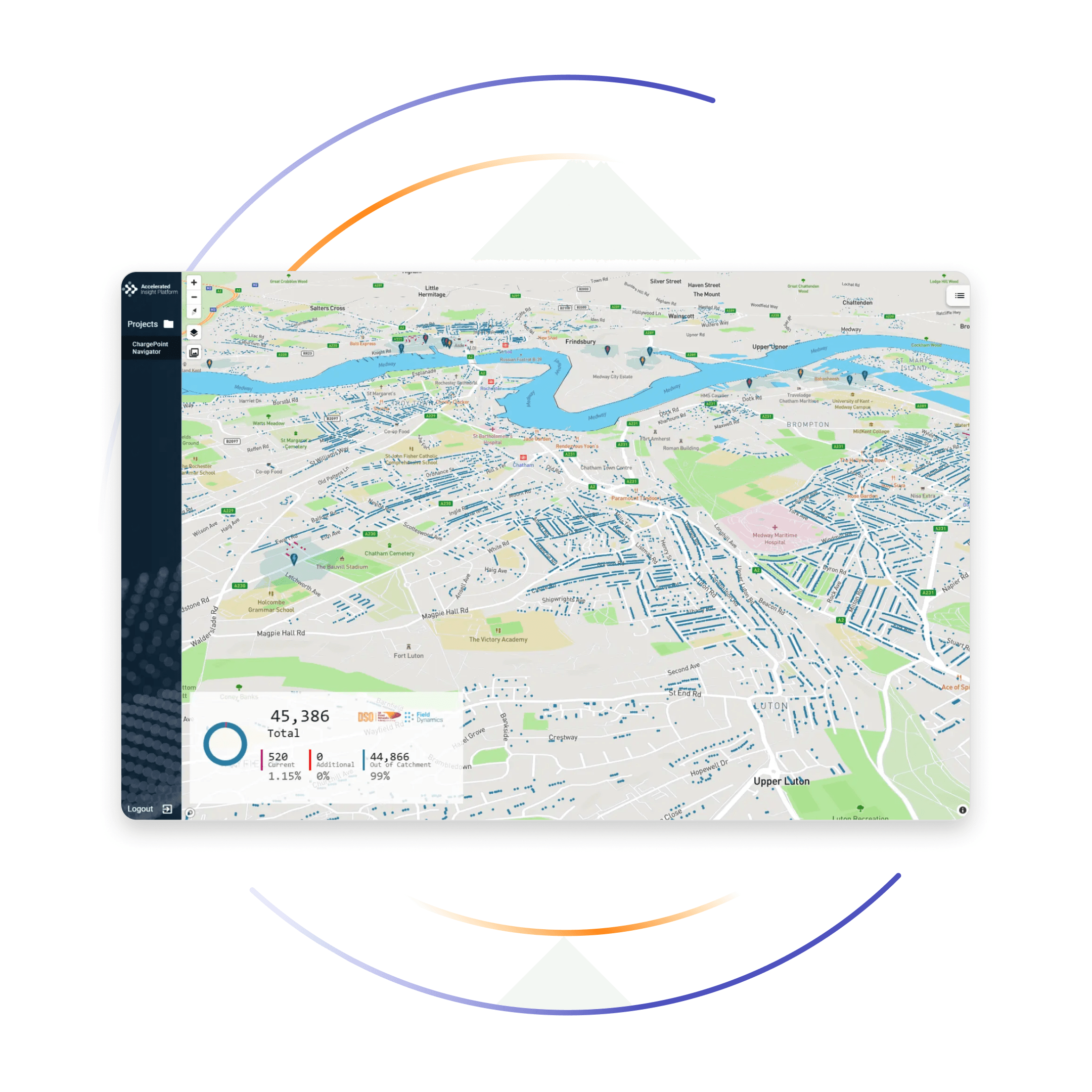 ChargePoint Navigator screenshot showing houses and existing chargepoints in an area