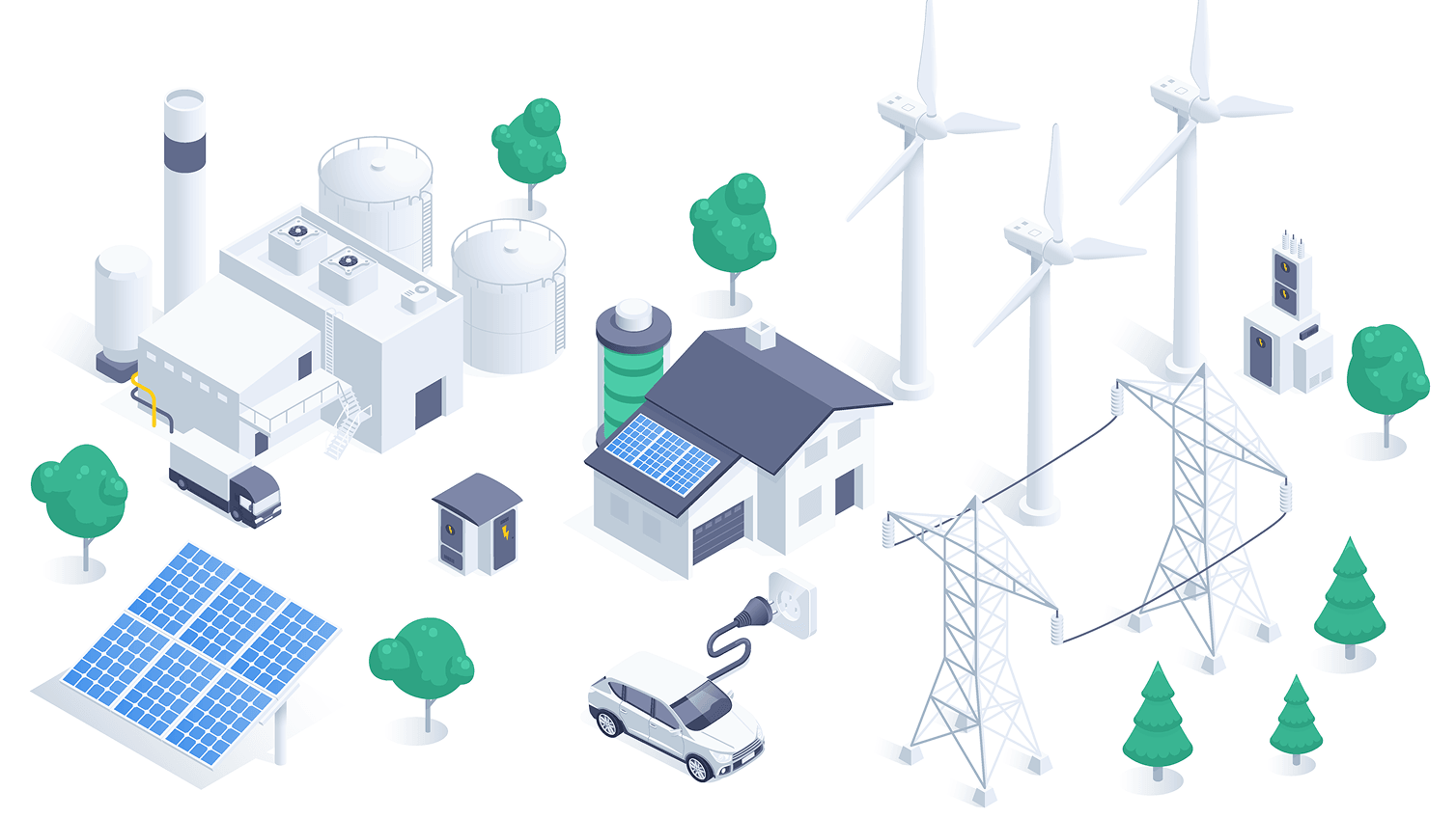 Illustration showing low carbon technologies include wind turbines, solar panels and EV chargers